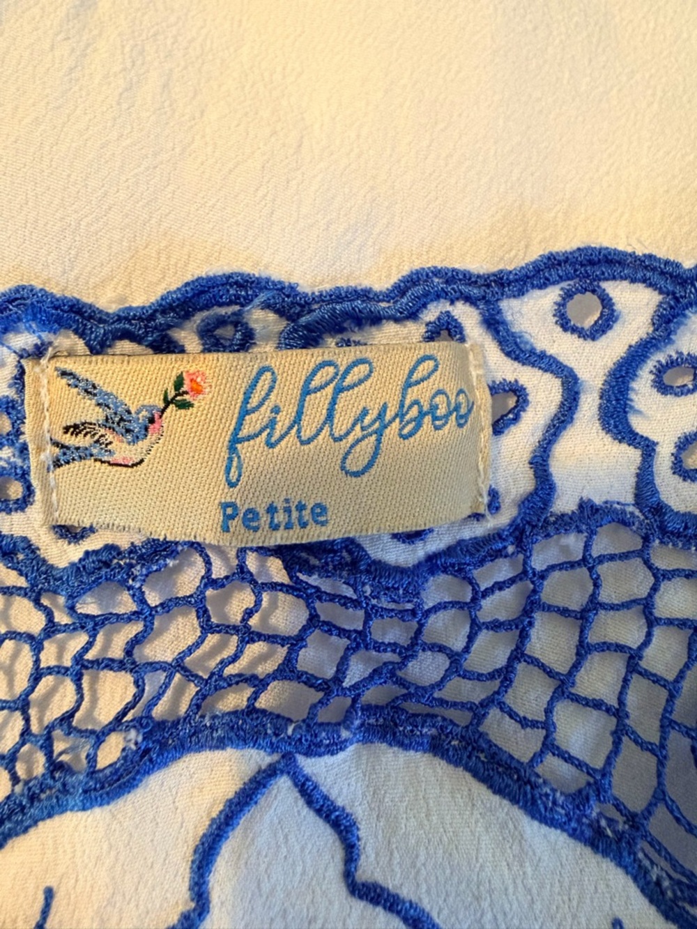 Fillyboo White Maxi Dress with Blue Embroidery and Tassel Drawstring - Picture 7 of 8